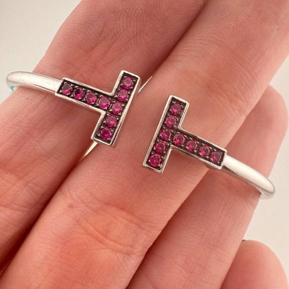 Tiffany & Co. 18k Ruby Tiffany T Square Bracelet Bangle in White Gold - Picture 4 of 7